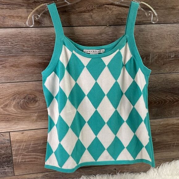 Versailles Diamond Argyle Cotton Tank Top Teal White Vintage NWT - Picture 3 of 8